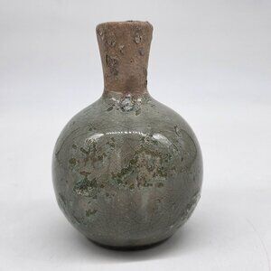 Vintage Small Brutalist Ceramic Vase Crackle Glaze & Rustic Green Brown 4.5"
